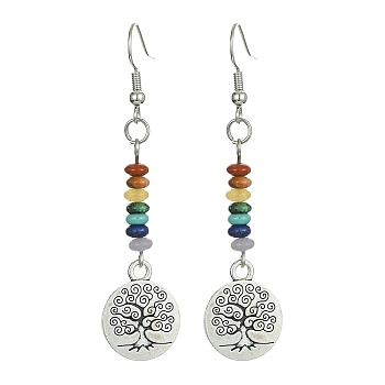 Alloy Tree of Life Dangle Earrings, Synthetic & Natural Mixed Gemstone Beaded Long Drop Earrings for Women, Flat Round, 62.5x15mm