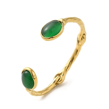 304 Stainless Steel Cuff Bangle with Natural Green Agate, Oval, Real 18K Gold Plated, Inner Diameter: 2-3/8 inch(5.9cm)