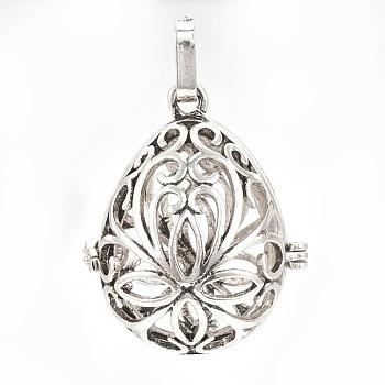 Rack Plating Brass Cage Pendants, For Chime Ball Pendant Necklaces Making, Hollow Teardrop with Flower, Antique Silver, 34x27x22mm, Hole: 3mm, inner measure: 24x18mm