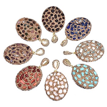 Polymer Clay Rhinestone Pendants, with Gemstone Chip/Natural Shell Chip and PU Leather, Oval, Golden, PP12(1.8~1.9mm), 47~48x35~37x6~7mm,  Hole: 9x5mm