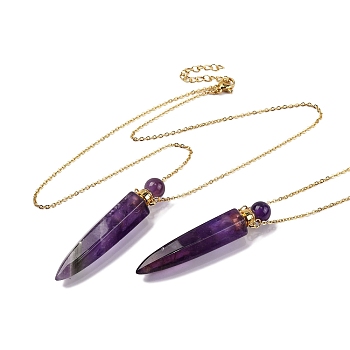 Natural Amethyst Bullet Shaped Perfume Bottle Pendant Necklaces, 304 & 201 Stainless Steel Cable Chain Necklaces for Women, Golden, 18.70 inch(47.5cm)