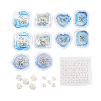 DIY Scrapbooking Tool Sets, Including Resin Wax Seal Stickers, Plastic Pearl Stickers and Flower Ring Plastic Beads, Deep Sky Blue, 31~40x32.5~34.5x2~2.5mm