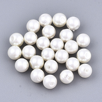Glass Pearl Beads, Dyed, Half Drilled Beads, Pearlized, Round, Old Lace, 1/8 inch(4mm), Hole: 0.8mm