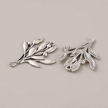 Tibetan Style Alloy Pendants, Leafy Branch Charms, Olive Branch, Antique Silver, 40x30x2mm, Hole: 1.8mm