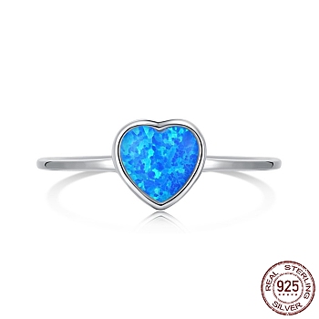 Rhodium Plated 925 Sterling Silver Open Finger Rings, with Opal for Women, Heart Cuff Ring, Real Platinum Plated, Blue, 1mm, US Size 7(17.3mm)