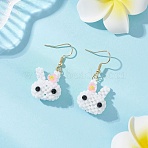 Handmade Glass Seed Beads Dangle Earrings, Rabbit, with 304 Stainless Steel Earring Hooks, Golden, 41x19mm(EJEW-MZ00568)