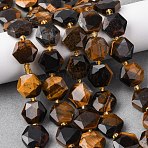 Natural Tiger Eye Beads Strands, Hexagon, Faceted, with Seed Beads, 12x13.5x6.5mm, Hole: 1mm, about 25pcs/strand, 14.37''(36.5cm)(G-H344-A02-01)