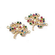 Brass Micro Pave Colorful Cubic Zirconia Connector Charms, Tree Links, Real 18K Gold Plated, 21x28x3mm, Hole: 1.4mm(KK-E068-VC072)