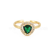 Cubic Zirconia Teardrop Open Cuff Ring, Real 18K Gold Plated Brass Jewelry for Women, Cadmium Free & Lead Free, Dark Green, US Size 6 3/4(17.1mm)(RJEW-S049-006G)