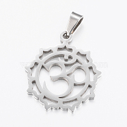 304 Stainless Steel Yoga Pendants, Flower with Om Symbol, Stainless Steel Color, 28x24x1.2mm, Hole: 3.5x7mm(STAS-I074-04P)