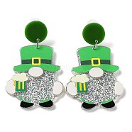 Saint Patrick's Day Sparkling Acrylic Dangle Stud Earrings, Gnome, Lime Green, 61x36.5mm(EJEW-P243-A07)