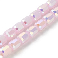 Imitation Jade Glass Beads Strands, Faceted, Column, Pink, 6x7~7.5mm, Hole: 1mm, about 72~73pcs/strand, 21.06~21.14''(53.5~53.7cm)(EGLA-D030-05A)