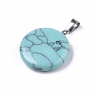 Synthetic Turquoise Pendants, with Platinum Tone Brass Bails, Flat Round, 22~25x19~21x5~7mm, Hole: 3x6mm(X-G-R470-007)
