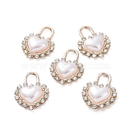 Alloy Rhinestone Pendants, with ABS Plastic Imitation Pearl Beads, Heart Padlock Charm, Light Gold, 24.5x18.5x5.5mm, Hole: 5x6.5mm(ALRI-C008-74LG)