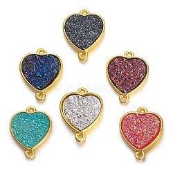 Brass Links connectors, with Druzy Resin, Golden Plated Color, Heart, Mixed Color, 17x13x3.2mm, Hole: 1.2mm(KK-O117-N)