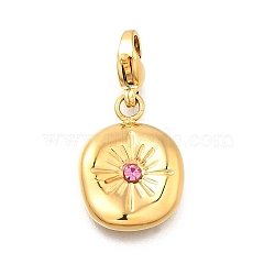 Flat Round 304 Stainless Steel Rhinestone Pendants Decoration, with Lobster Claw Clasps, Ion Plating(IP), Real 14K Gold Plated, Rose, 18.5x13.5x3mm(STAS-R159-53G-02)