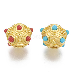 Brass Beads, with Resin, Rondelle, Matte Style, Matte Gold Color, Mixed Color, 9x12x12mm, Hole: 3mm(KK-S310-22)