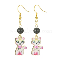 Rack Plating Alloy Cat Shape Dangle Earrings, with Acrylic Beaded, Camellia, 56x14.5mm(EJEW-JE05446-04)