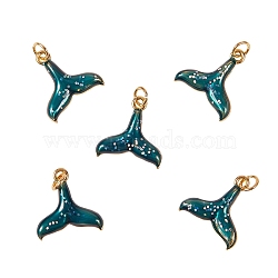 5Pcs Brass Enamel Pendants, with Jump Rings, Long-Lasting Plated, Fishtail, Teal, Real 18K Gold Plated, 13.5x13x2mm, Hole: 3.5mm(KK-SZ0004-46)