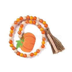 Thanksgiving Day Theme Wooden Beaded Pendant Decorations, with Jute Tassel, Pumpkin, Colorful, 840mm(HJEW-K036-01A)