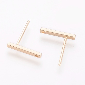 Brass Stud Earring Findings, with Loop, Rectangle, Real 18K Gold Plated, 12.5x1.5x1.5mm, Hole: 0.8mm, Pin: 0.8mm
