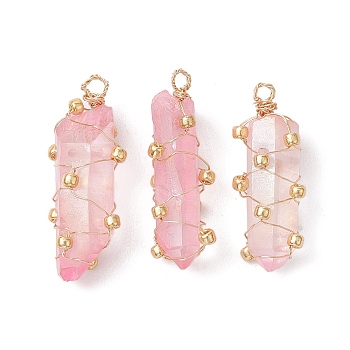 Copper Wired Electroplated Natural Quartz Crystal Pendants, Nuggets Charms, Golden, Pink, 33.5~40x11~15x11~14mm, Hole: 2.5~3.2mm