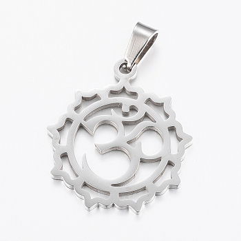 304 Stainless Steel Yoga Pendants, Flower with Om Symbol, Stainless Steel Color, 28x24x1.2mm, Hole: 3.5x7mm