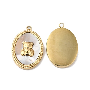 Ion Plating(IP) 304 Stainless Steel Pendants, with White Shell, Oval with Bear Charm, Real 14K Gold Plated, 20.5x14x3mm, Hole: 1.6mm