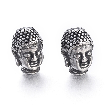 Buddhist 304 Stainless Steel Beads, Buddha Head, Antique Silver, 14x10x10mm, Hole: 1.8mm