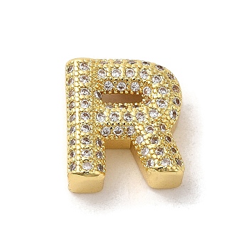 Brass Micro Pave Clear Cubic Zirconia Charms, Real 18K Gold Plated, Letter R, 13x11.5x5mm, Hole: 2x2.5mm