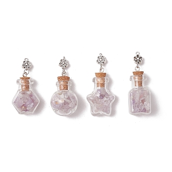 4Pcs 4 Styles Glass Bottle with Natural Amethyst Chip Inside Pendants, with Tibetan Style Alloy Flower Beads, Antique Silver, Mixed Shapes, 43~47.5x15.5~20.5x12.5~20mm, Hole: 1.6mm, 1pc/style