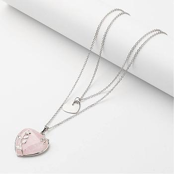 316 Surgical Stainless Steel Cable Chains Tiered Necklaces, Double Layer Necklaces, with Rose Quartz Pendant and 304 Stainless Steel Heart Charms, 15.9 inch