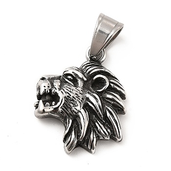 304 Stainless Steel Pendants, Lion Charms, Antique Silver, 29.5x24x6mm, Hole: 9x6mm