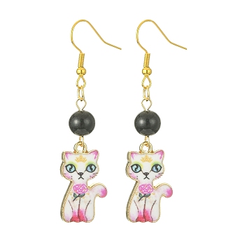 Rack Plating Alloy Cat Shape Dangle Earrings, with Acrylic Beaded, Camellia, 56x14.5mm