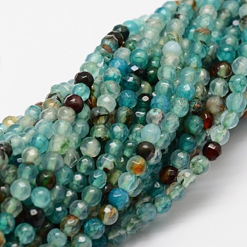 Faceted Natural Agate Round Beads Strands, Dyed, Turquoise, 4mm, Hole: 1mm, about 92pcs/strand, 15.3 inch