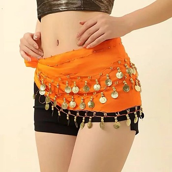72 Coin Sequins Gauze Belly Dance Waist Belt, Golden, Dark Orange, 1400~1600mm