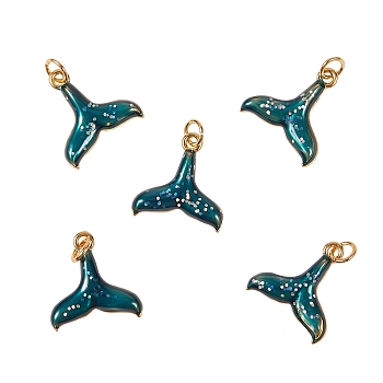 5Pcs Brass Enamel Pendants, with Jump Rings, Long-Lasting Plated, Fishtail, Teal, Real 18K Gold Plated, 13.5x13x2mm, Hole: 3.5mm