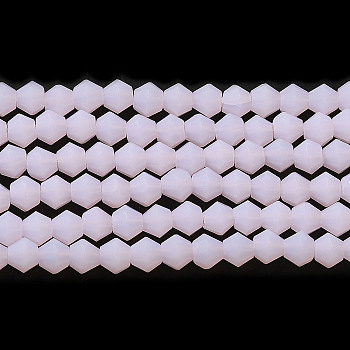 Imitation Jade Frosted Glass Bead Strands, Faceted Bicone, Pearl Pink, 4.5x3.5~4mm, Hole: 1mm, about 87~89pcs/strand, 13.98''~13.39''(33.5~34cm)
