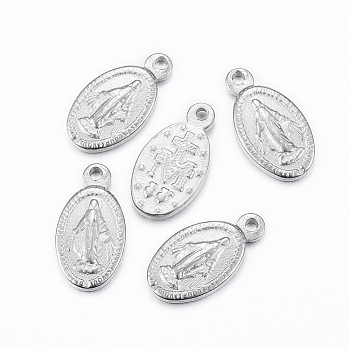 304 Stainless Steel Pendants, Oval with Virgin Mary, Stainless Steel Color, 12.5x6.5x1.5mm, Hole: 1mm
