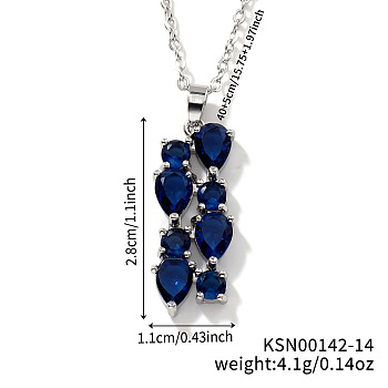 Brass Cubic Zirconia Long Tassel Pendant Necklaces for Fashionable Statement Style, Platinum, Blue, 15.75 inch(40cm)