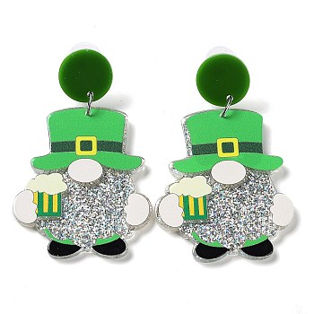 Saint Patrick's Day Sparkling Acrylic Dangle Stud Earrings, Gnome, Lime Green, 61x36.5mm