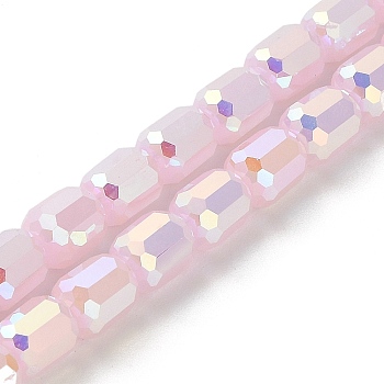 Imitation Jade Glass Beads Strands, Faceted, Column, Pink, 6x7~7.5mm, Hole: 1mm, about 72~73pcs/strand, 21.06~21.14''(53.5~53.7cm)