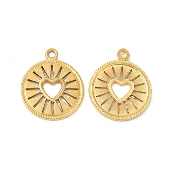 Ion Plating(IP) 304 Stainless Steel Pendants, Flat Round with Hollow Out Heart Charms, Real 18K Gold Plated, 18x14.5x1.5mm, Hole: 1.5mm