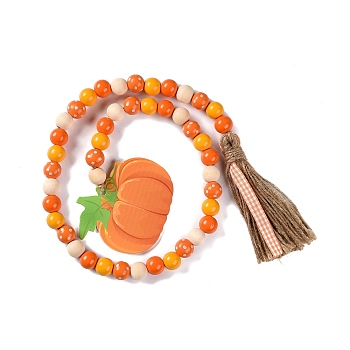 Thanksgiving Day Theme Wooden Beaded Pendant Decorations, with Jute Tassel, Pumpkin, Colorful, 840mm