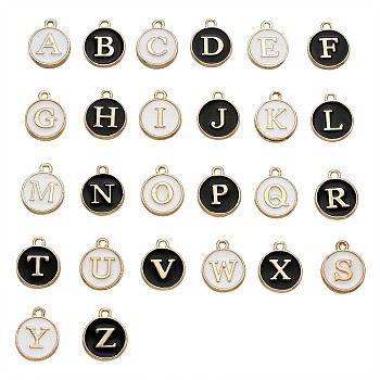 Double-sided Alloy Enamel Charms, Flat Round with Alphabet, Mixed Color, 14x12x2mm, Hole: 1.5mm, 26pc/color