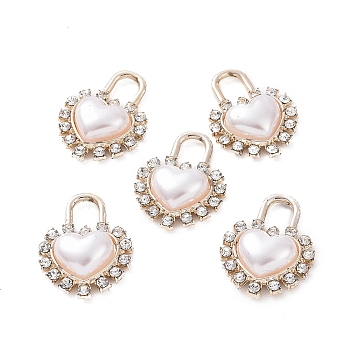 Alloy Rhinestone Pendants, with ABS Plastic Imitation Pearl Beads, Heart Padlock Charm, Light Gold, 24.5x18.5x5.5mm, Hole: 5x6.5mm