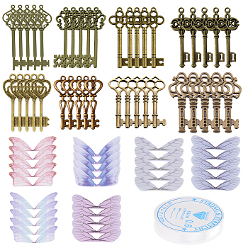 Skeleton Key & Wing Charm Bracelet DIY Making Kit, Includign Zinc Alloy Pendant, Organza Fabric, Elastic Crystal Thread, Antique Bronze, Key: 40pcs/set