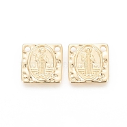Brass Charms, Long-Lasting Plated, Square with Saint, Hammered, Real 18K Gold Plated, 14x14x2mm, Hole: 1.8mm(KK-F811-01G)