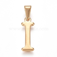 304 Stainless Steel Pendants, Golden, Initial Letter.I, 21x7x1.8mm, Hole: 3x7mm(STAS-F106-95G-I-01)
