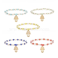 Glass Pearl Beaded Stretch Bracelet with 304 Stainless Steel Hamsa Hand Charm for Women, Mixed Color, Inner Diameter: 2-1/8 inch(5.4cm)(BJEW-JB08522)